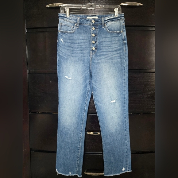 Ally Medium Wash Ultra High Rise Distressed Cropped Jeans size 9 - Picture 4 of 11